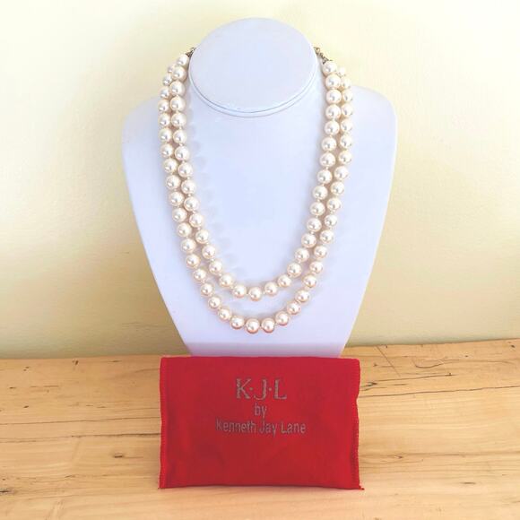 Vintage Kenneth Jay Lane KJL Dbl Strand Faux Pearl Necklace Double Gold Tone - Picture 2 of 11